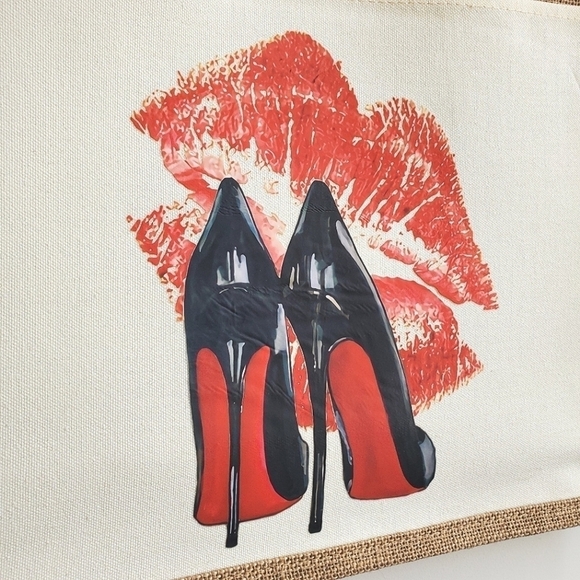 Custom Canvas Tote Bag, Large Size - Red Lips & Heels Theme Cream Tote - Picture 5 of 16